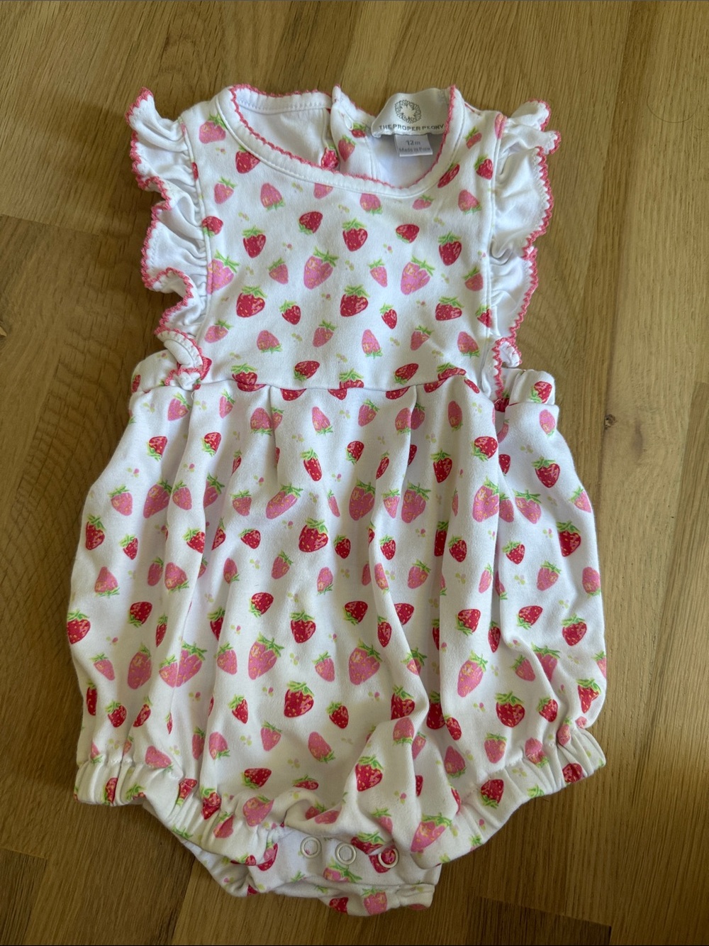 White & Pink Strawberry Print Baby Bubble Romper